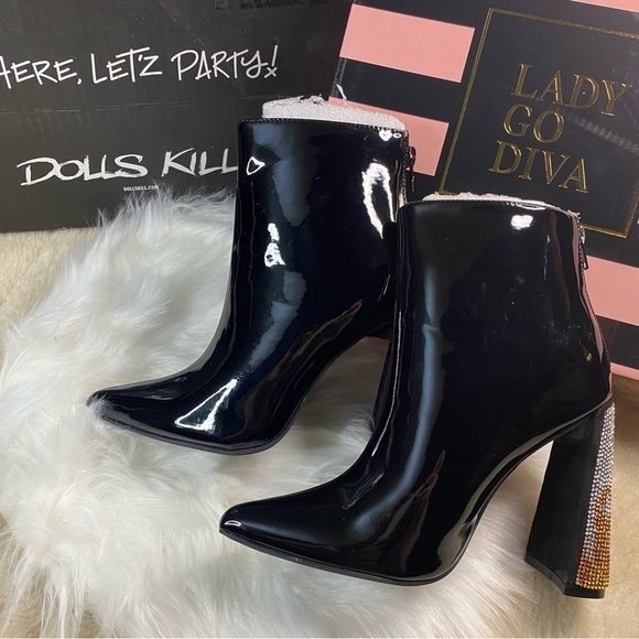𝅺DOLLS Kill x Lady Godiva Excited Enough Ankle Boot Patent Leather - Picture 2 of 9